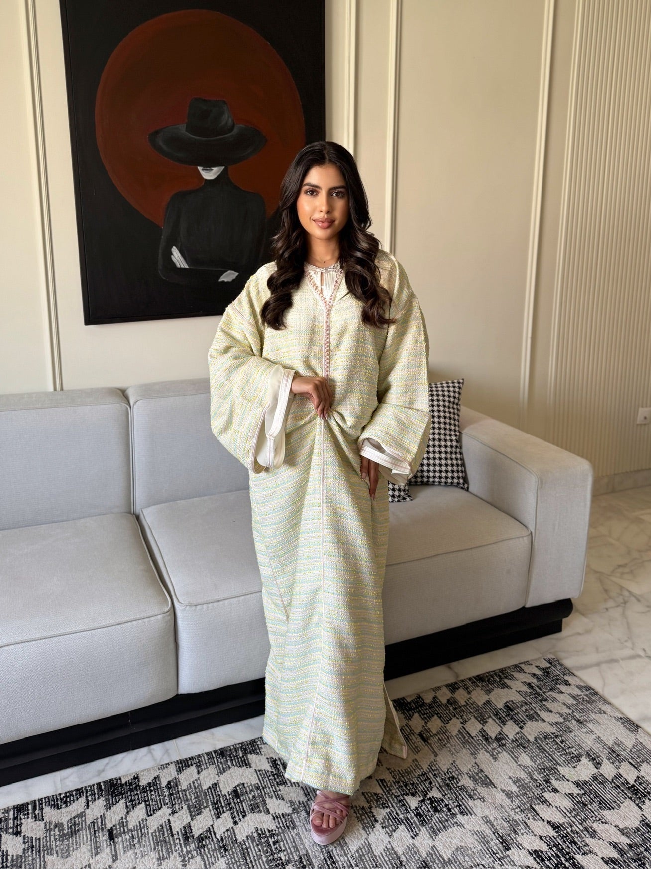 Elegant sage green caftan styled for Eid celebrations and special occasions