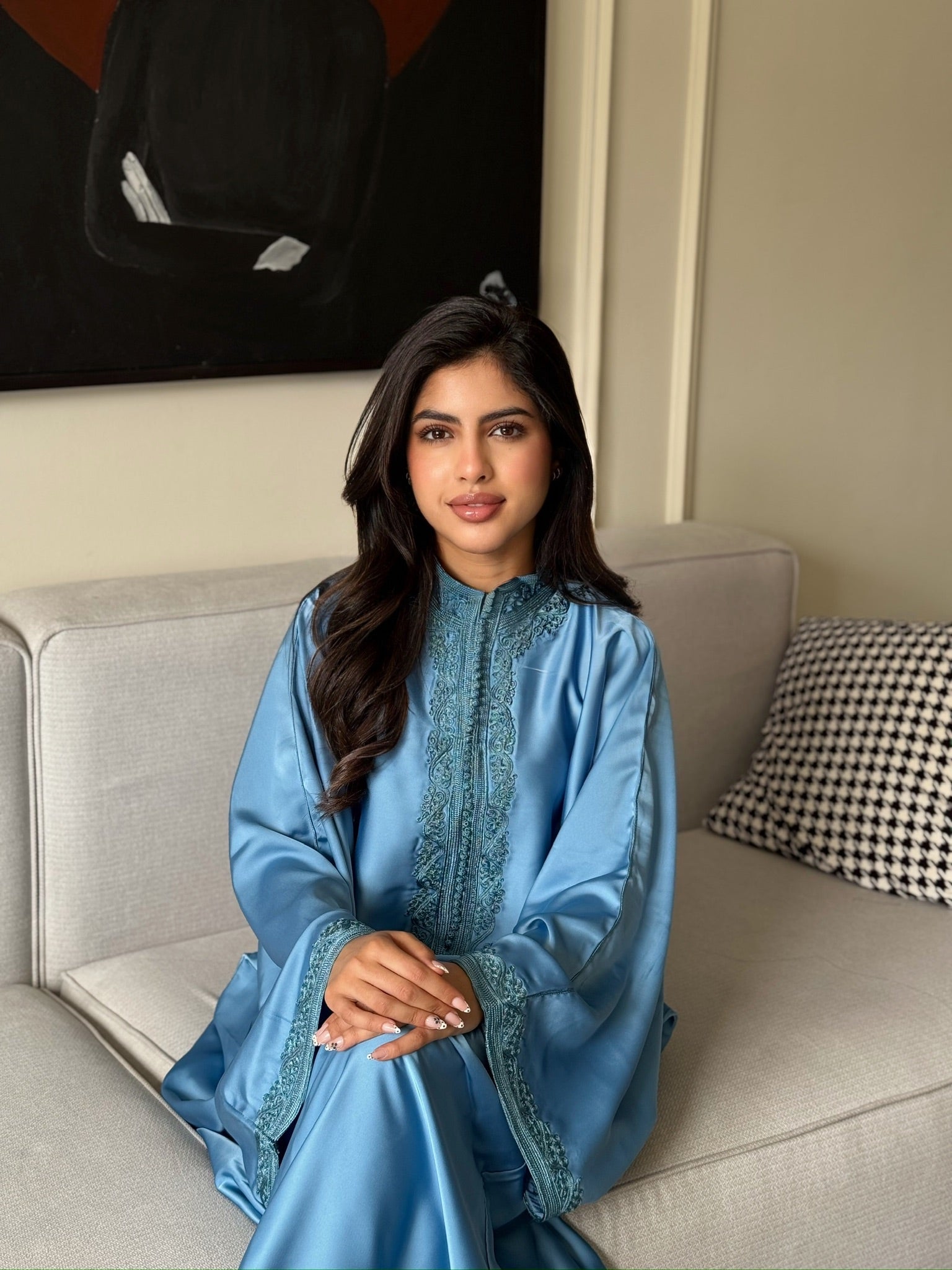 Luxury blue Moroccan gandoura for women by Imane Belhaj