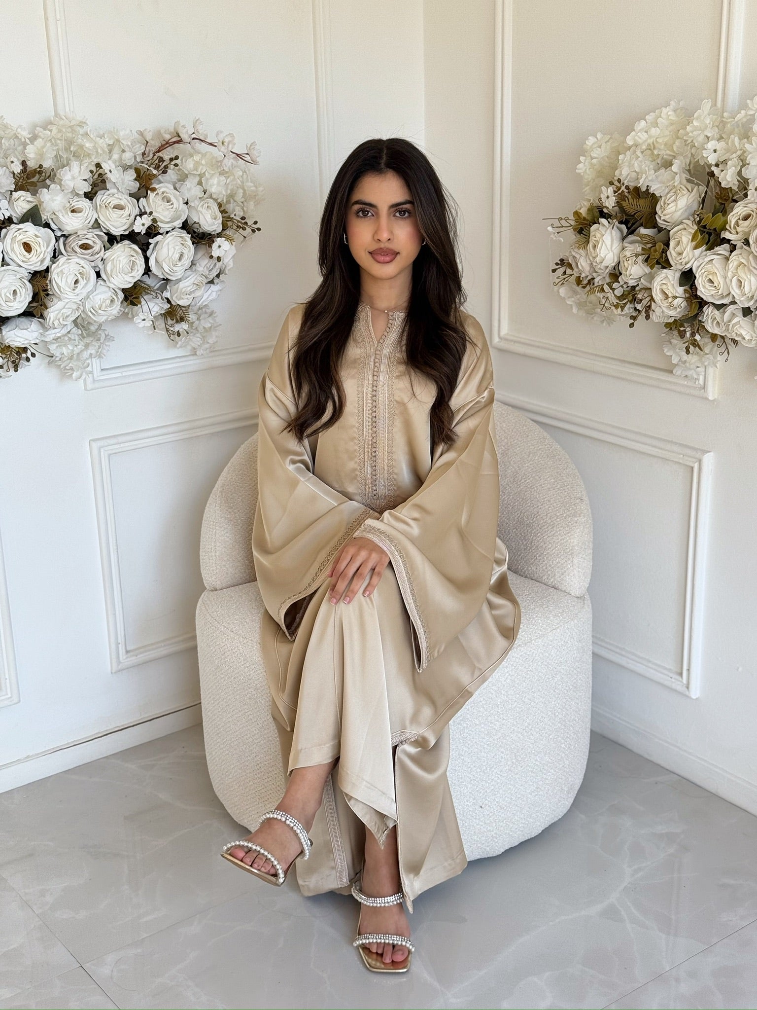 Elegant Moroccan gandoura for women, modest and timeless design.