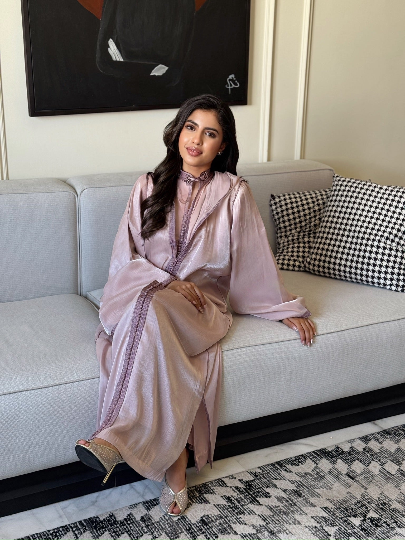 Luxury pink jellaba styled for Eid celebrations and special occasions