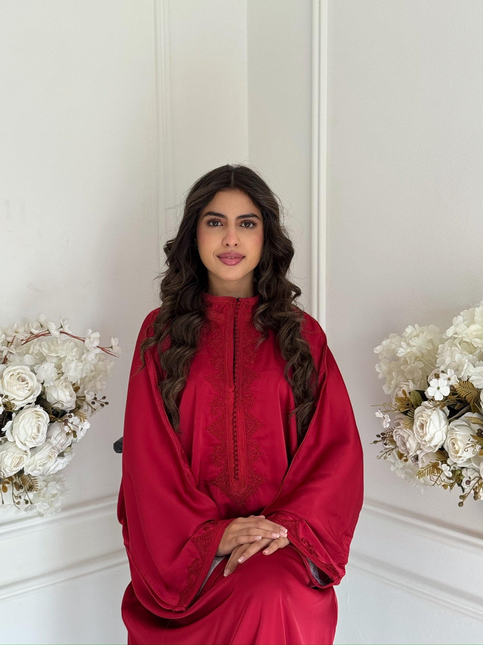 Close-up of Gandoura Miranda embroidery and sfifa detailing.