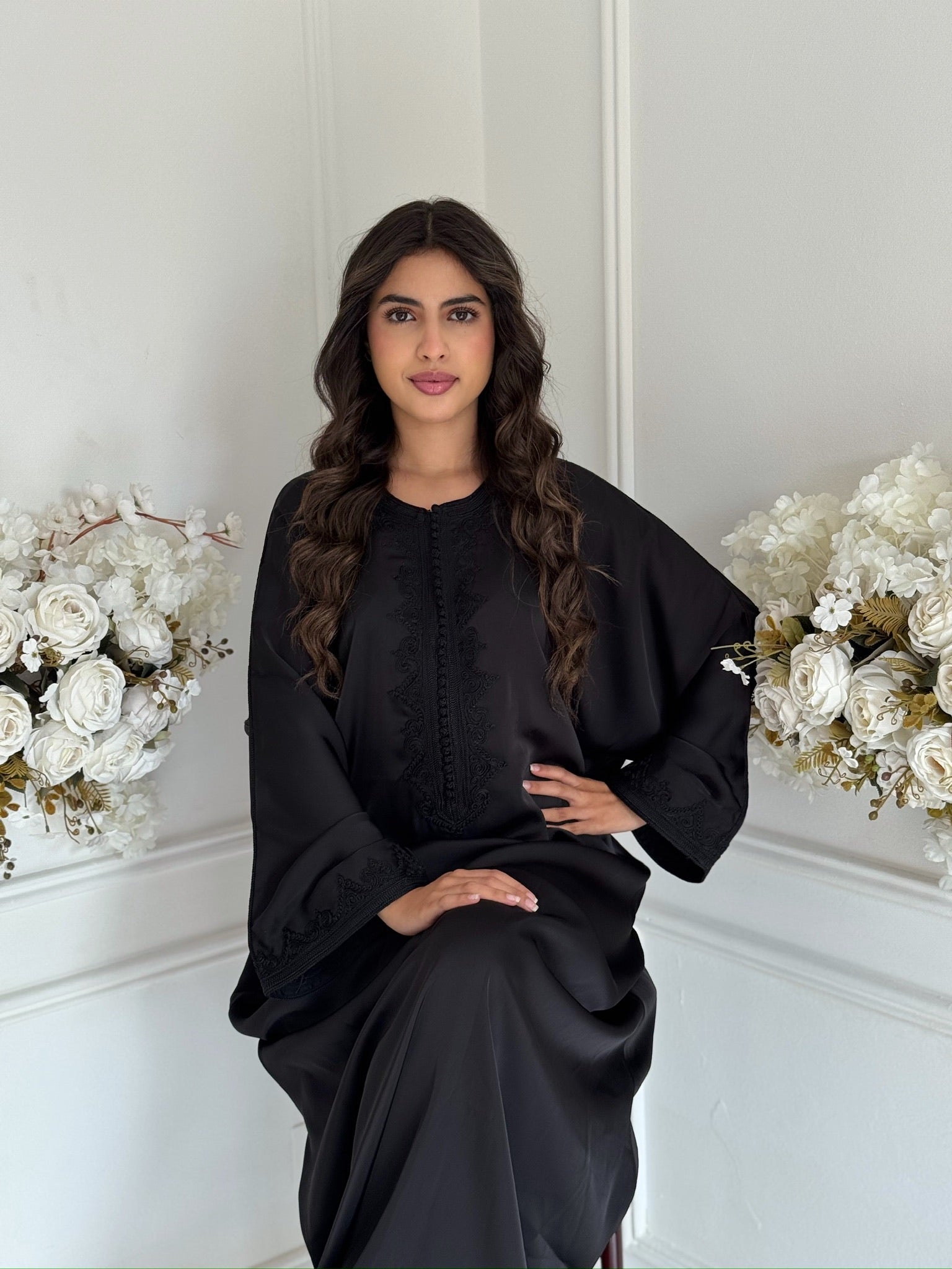 Full-length view of Gandoura Nihal with embroidery and modest flowing design.