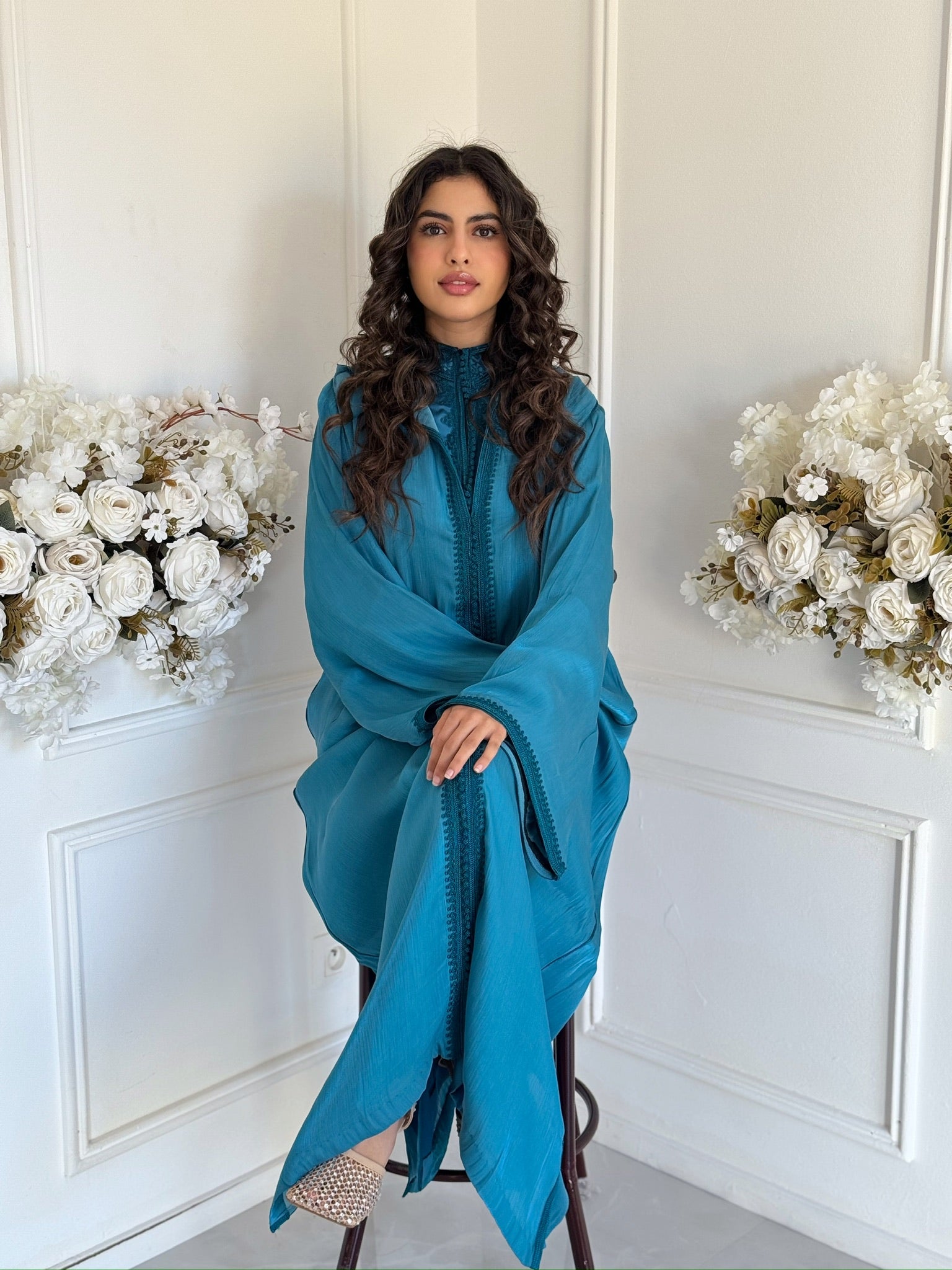 “Elegant teal modest fashion jellaba – Jellaba Norhane full outfit”