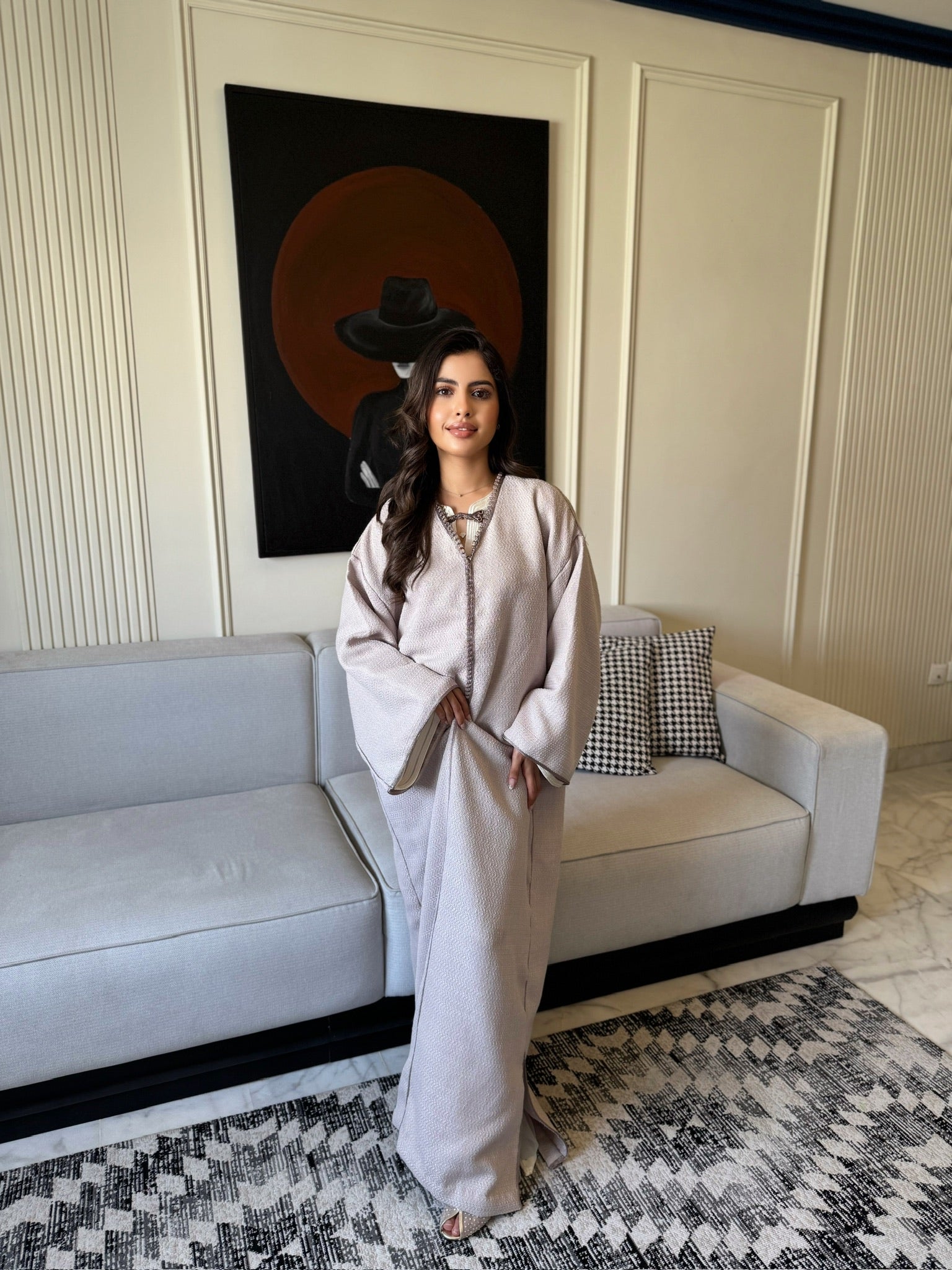 Elegant light beige caftan styled for Eid celebrations and special occasions
