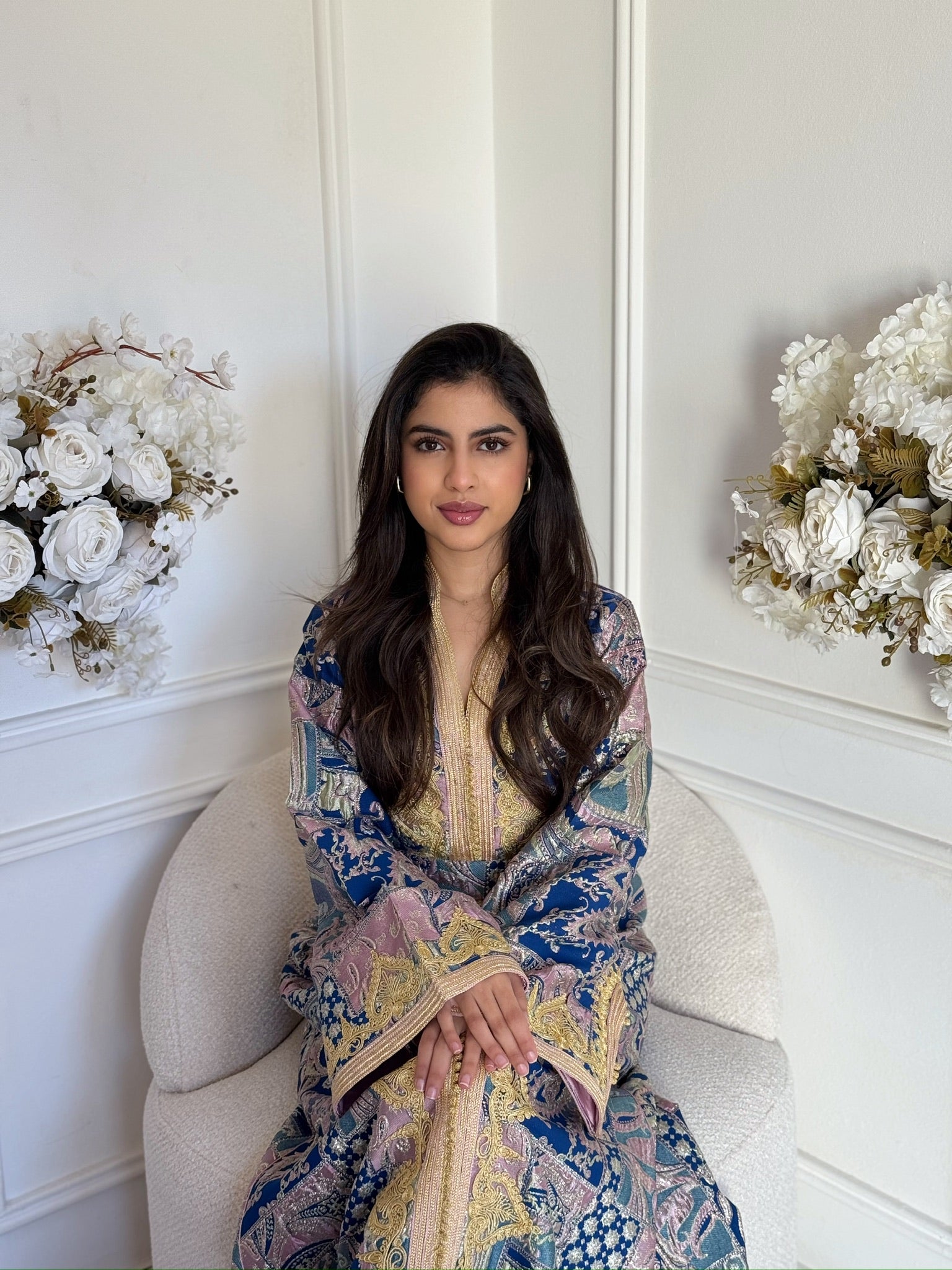 Luxury Moroccan brocade caftan Maymouna for women, featuring rich patterns and elegant traditional design.