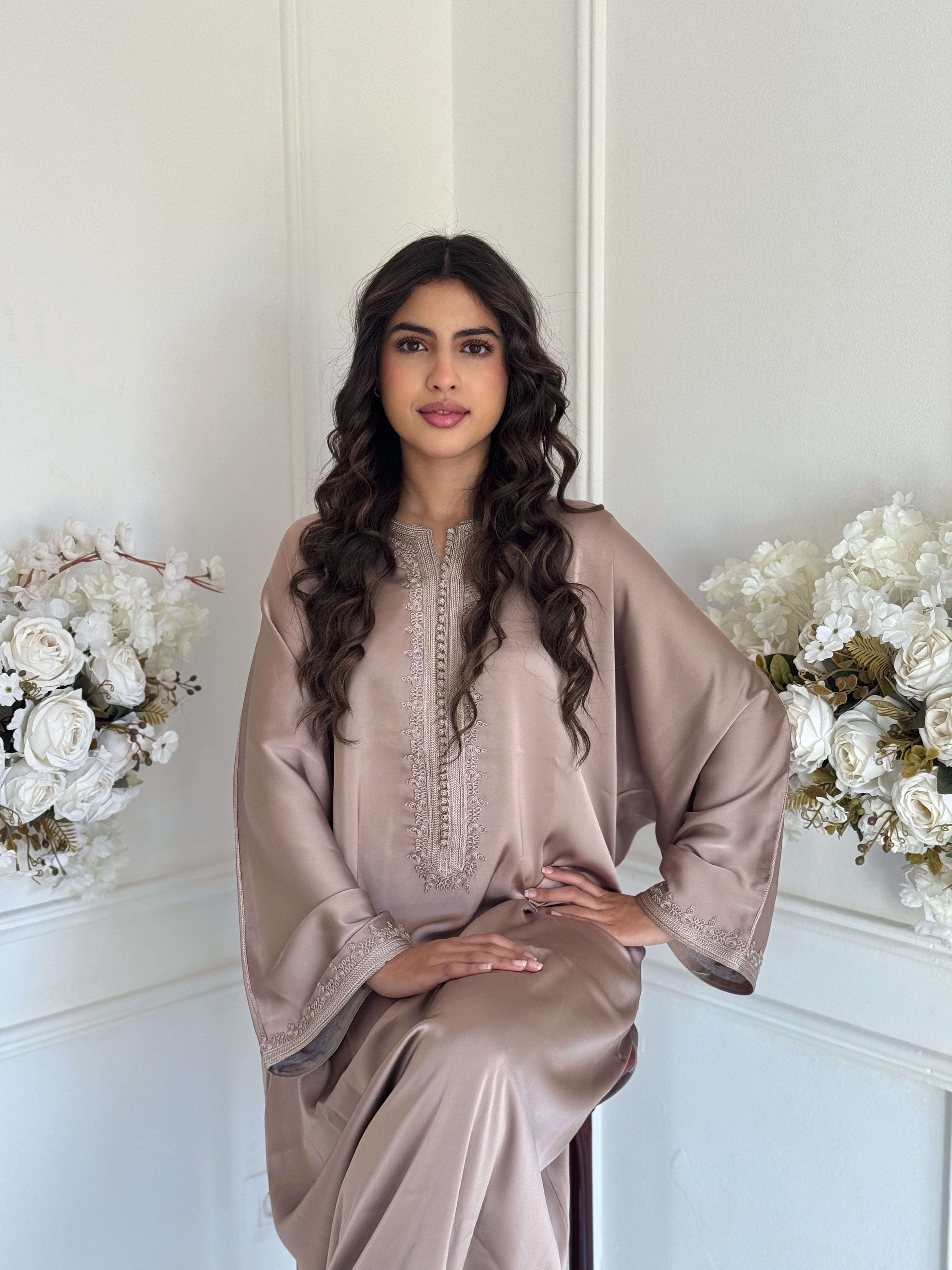 Model wearing Gandoura Meral — taupe Moroccan gandoura made from drap de soie.