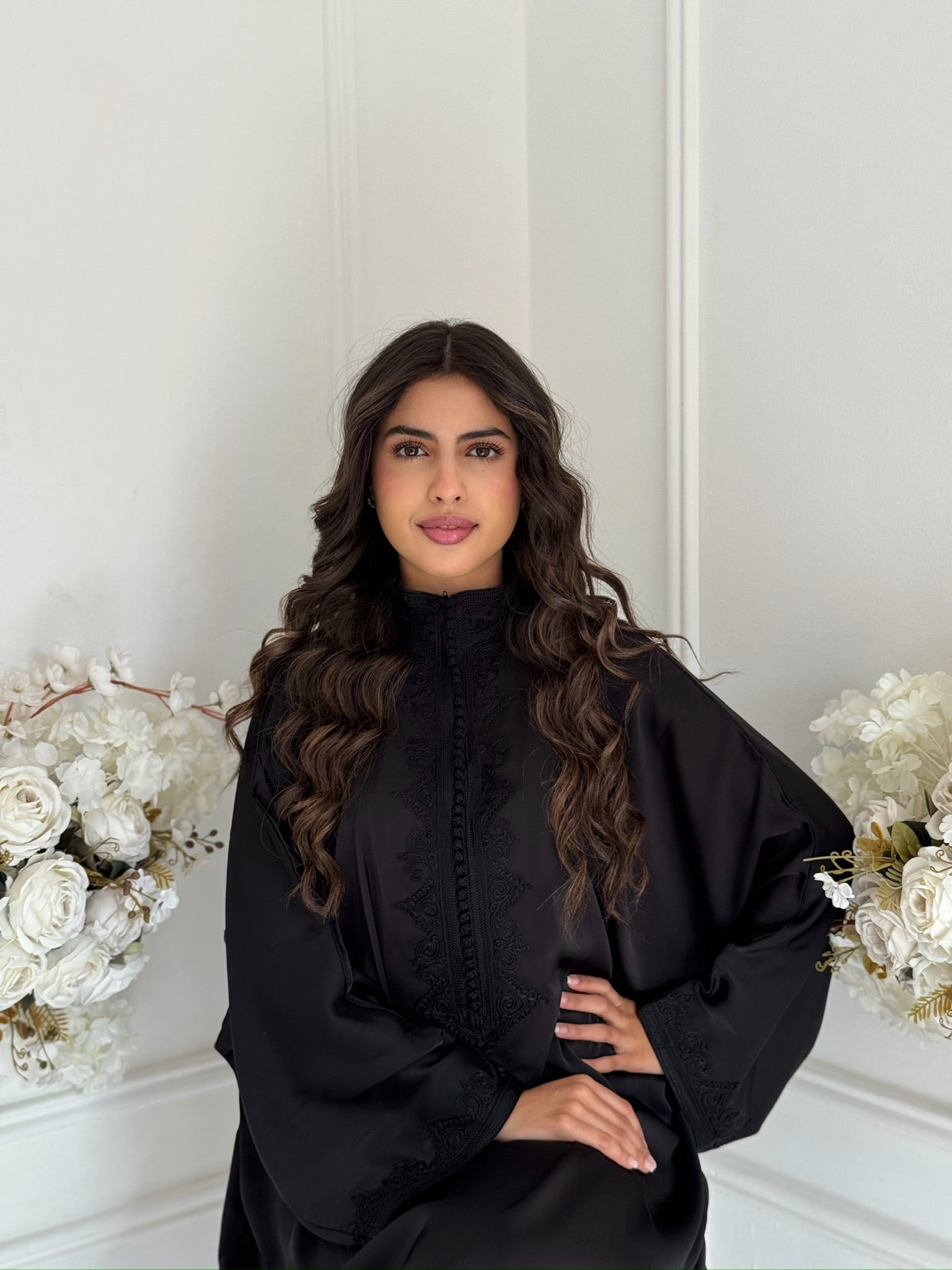 Luxury Moroccan Gandoura Yasmin in ivory satin, handmade caftan for Eid and Ramadan, Imane Belhaj Caftan.