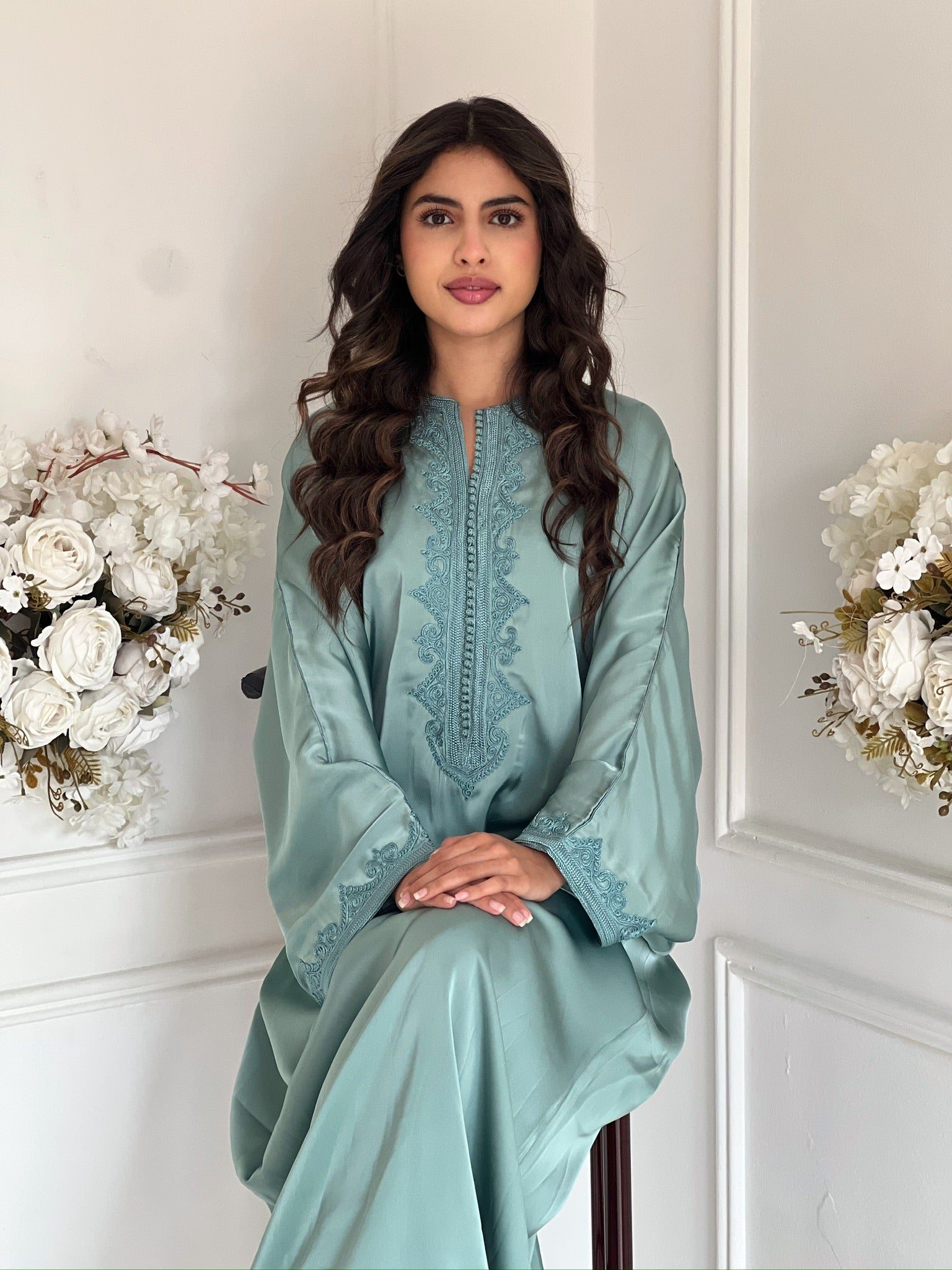 Full view of gandoura Lina in satin and organza, mint green traditional Moroccan dress.