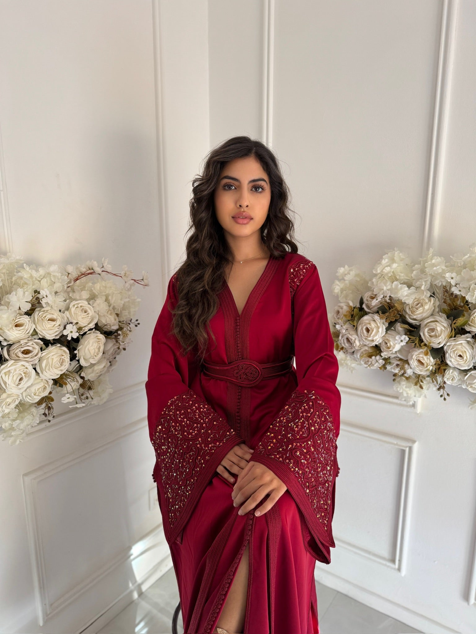 Takchita Rosa Red – handmade Moroccan dress in drap de soie fabric