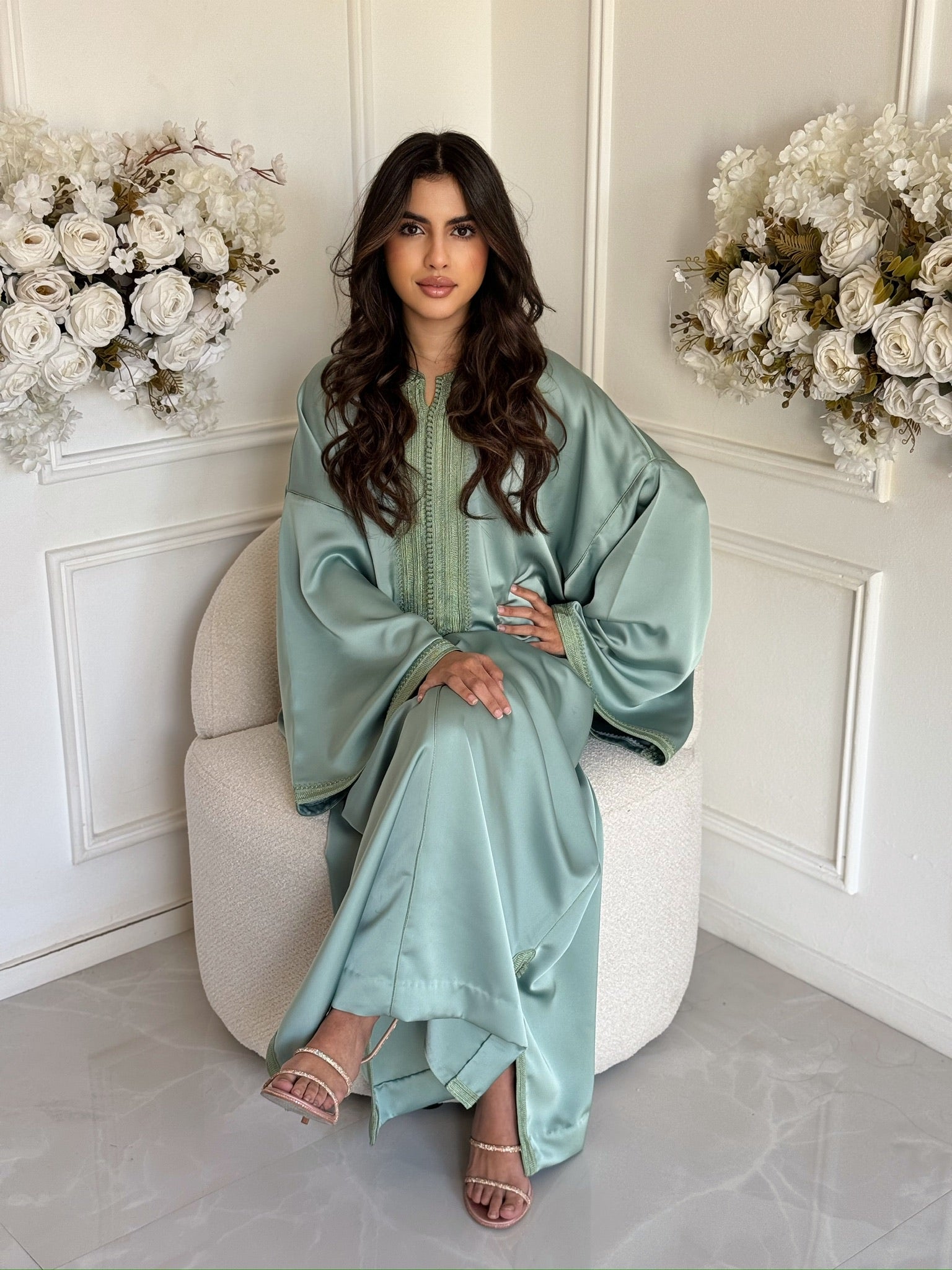 Full-length sage green Moroccan gandoura with comfortable flowy fit