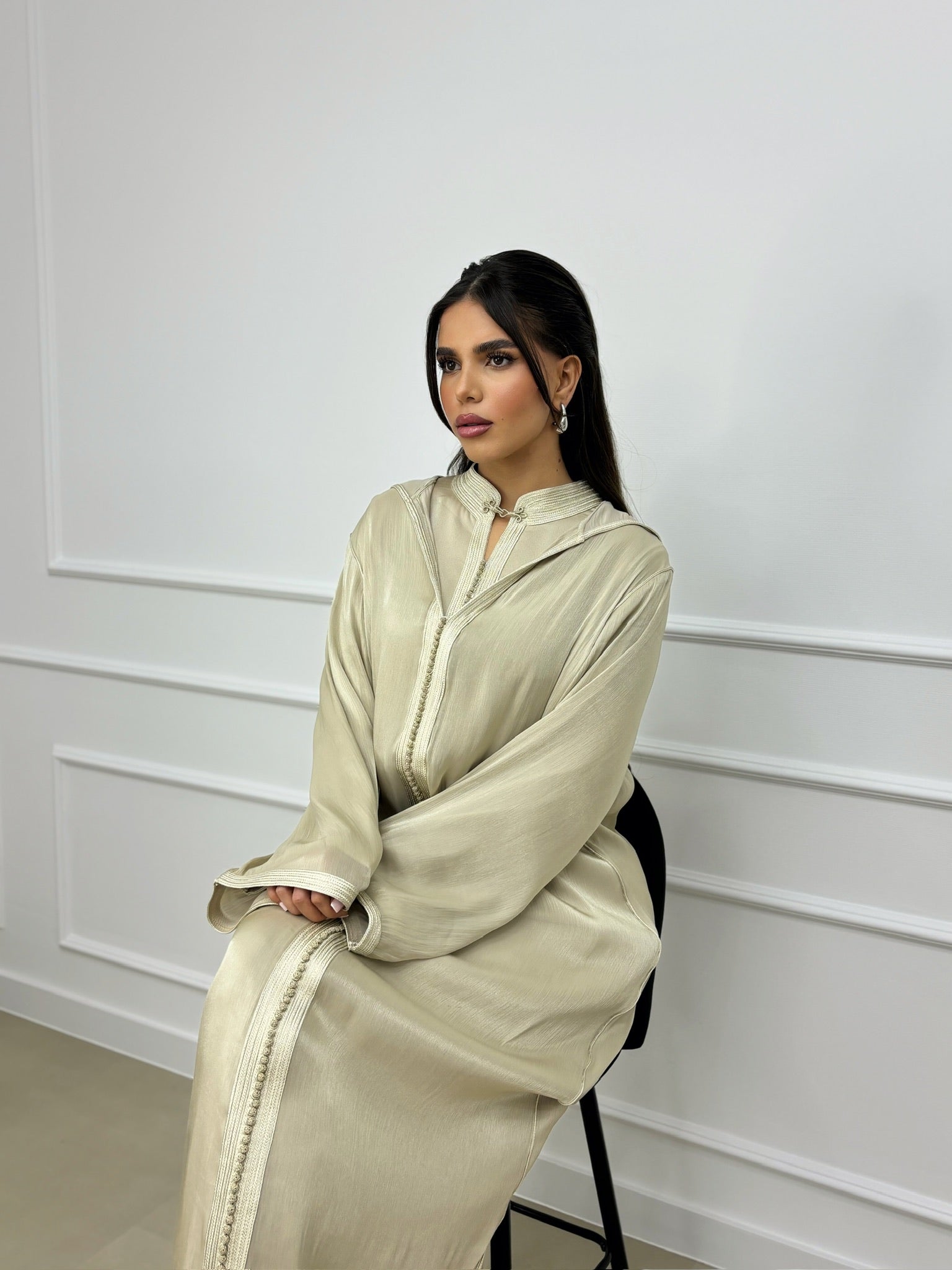 Full view of the ivory Jellaba Rodina made from lightweight organza fabric